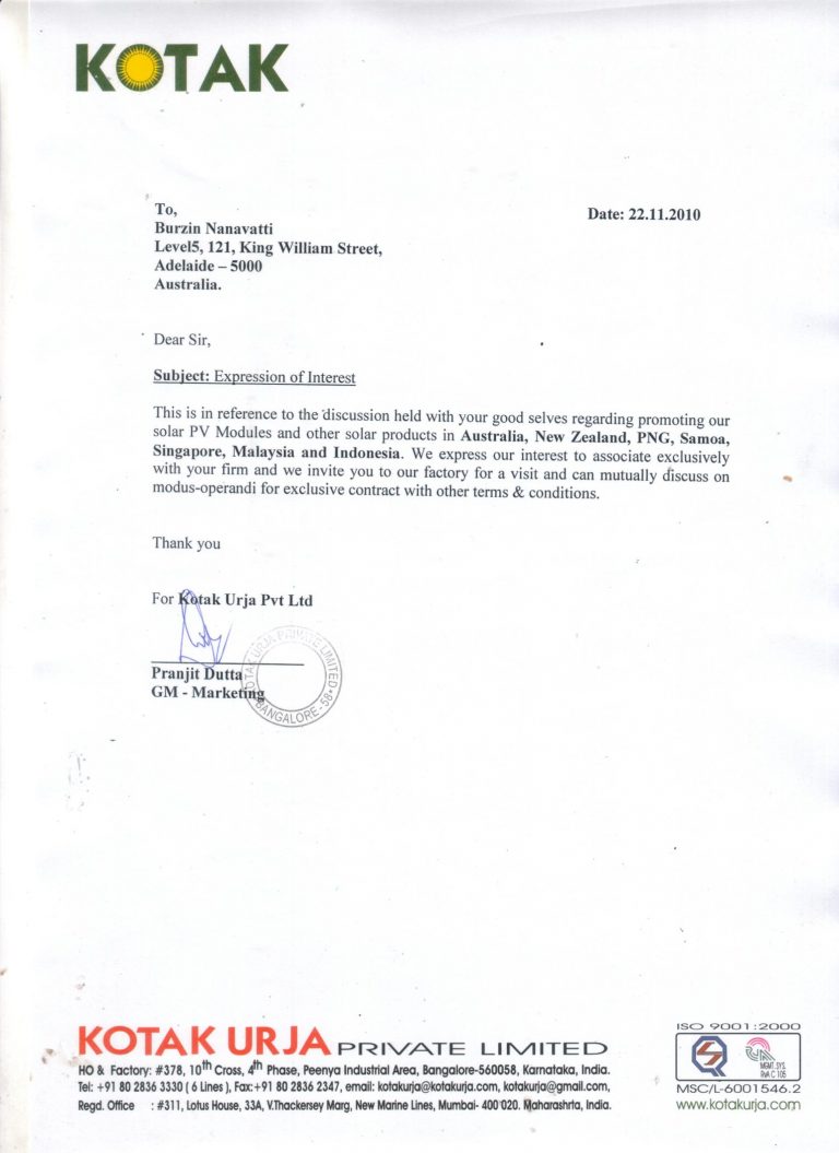 Letter of Mandate and Achievement from Kotak Solar, a division of the Kotak Group of Companies given by Sunil Kotak, CEO & Executive Director.